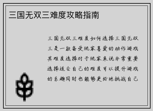 三国无双三难度攻略指南